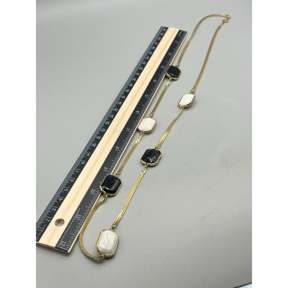 Vintage 90s Gold Tone Necklace with Black & White Acrylic Stones 28" Long - Picture 6 of 7